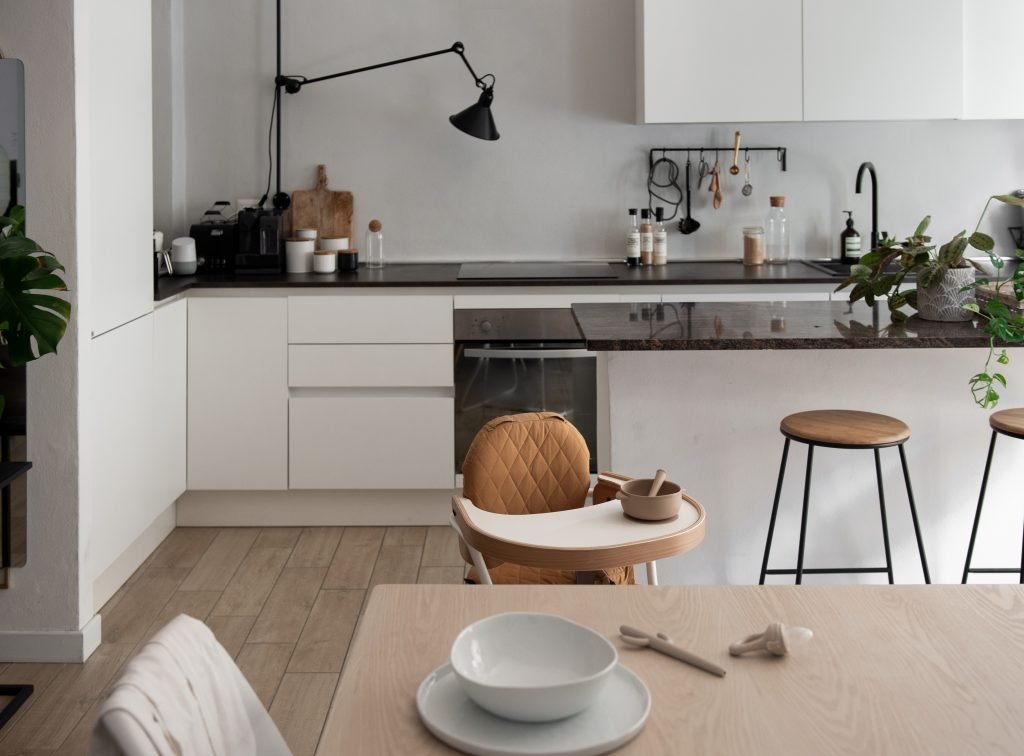 minimalist kitchen and baby